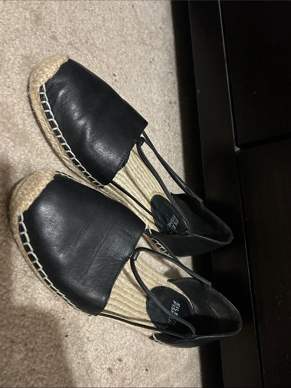 Eileen Fisher Black Leather Espadrille Flats with Ankle Straps